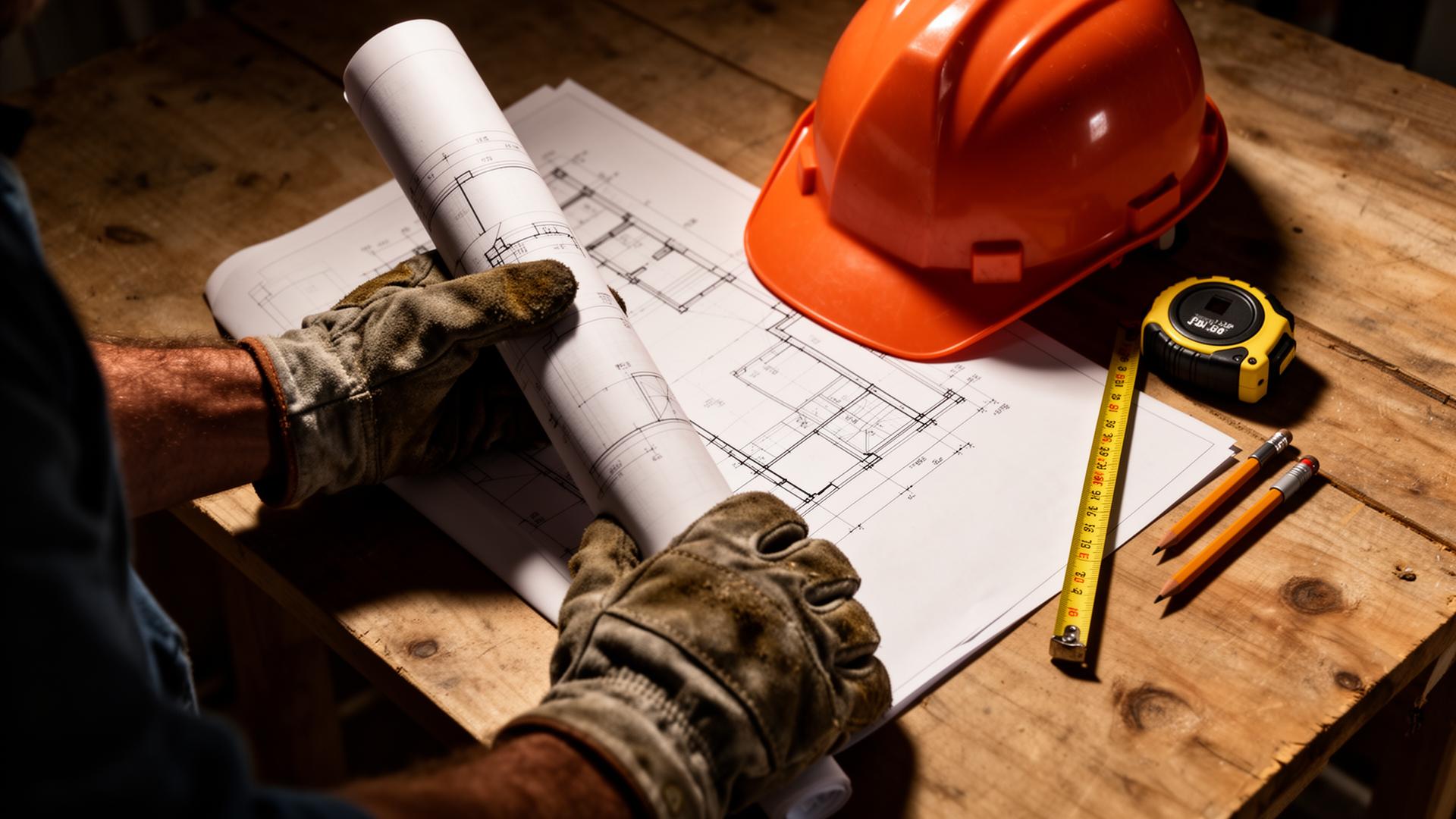 Hard hat, work gloves, tape measure and rolled architectural plans on a wooden table