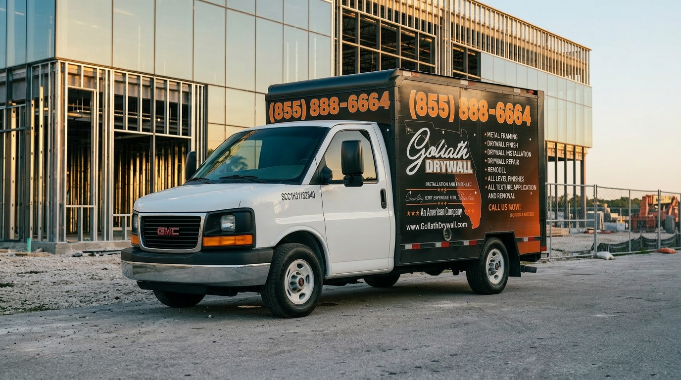 Goliath GMC Sierra work truck parked outside a commercial building under construction at golden hour