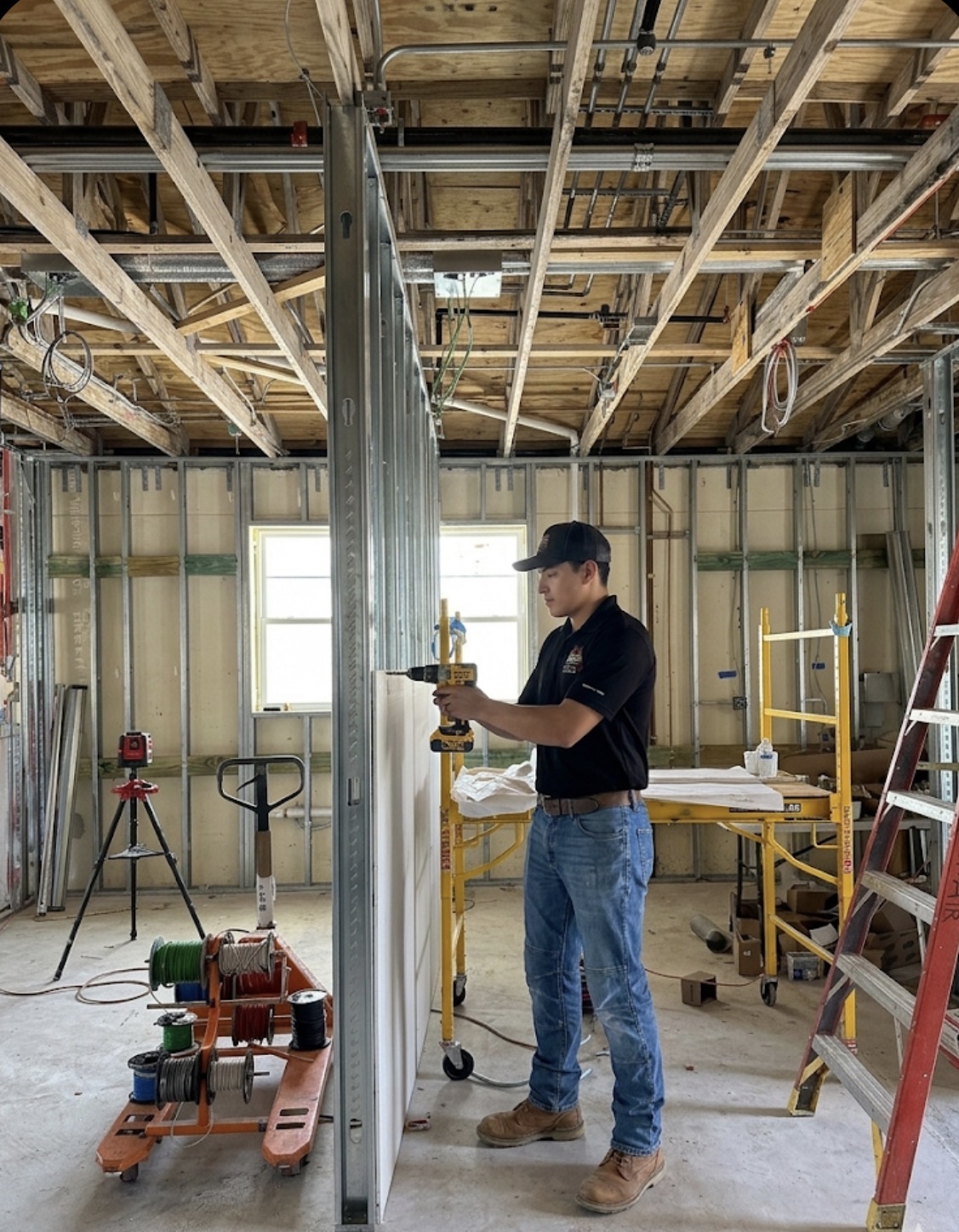 Crew member fastening drywall in a framed interior during construction