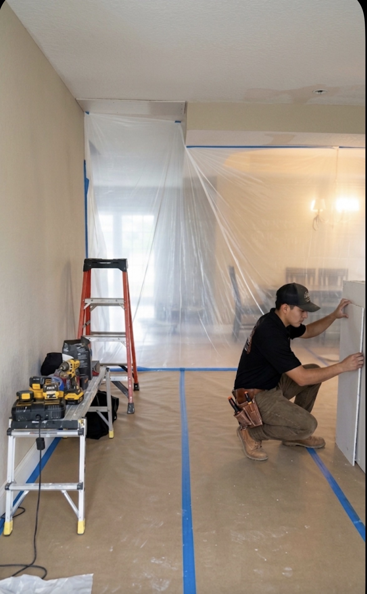 Crew member positioning a drywall panel inside a protected room
