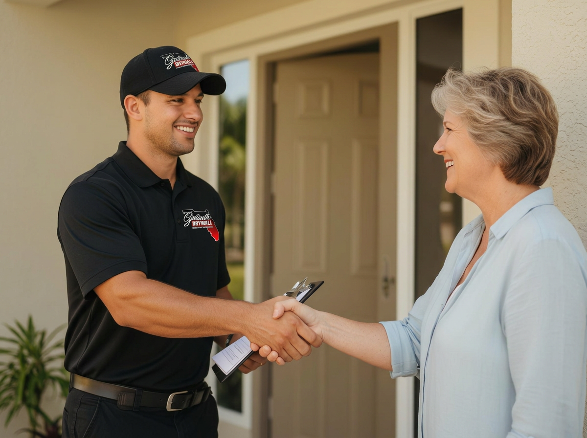 Goliath Drywall crew member shaking hands with a homeowner after a job
