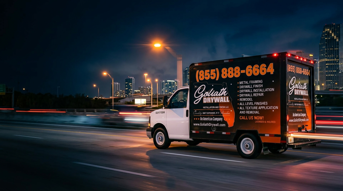 Goliath Drywall fleet box truck speeding through Miami at night
