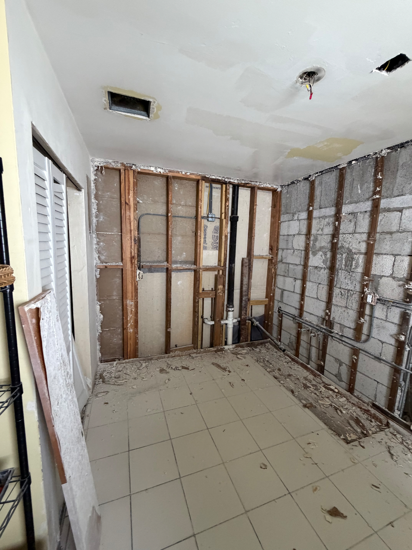 Kitchen stripped to framing before moisture board and skim coat